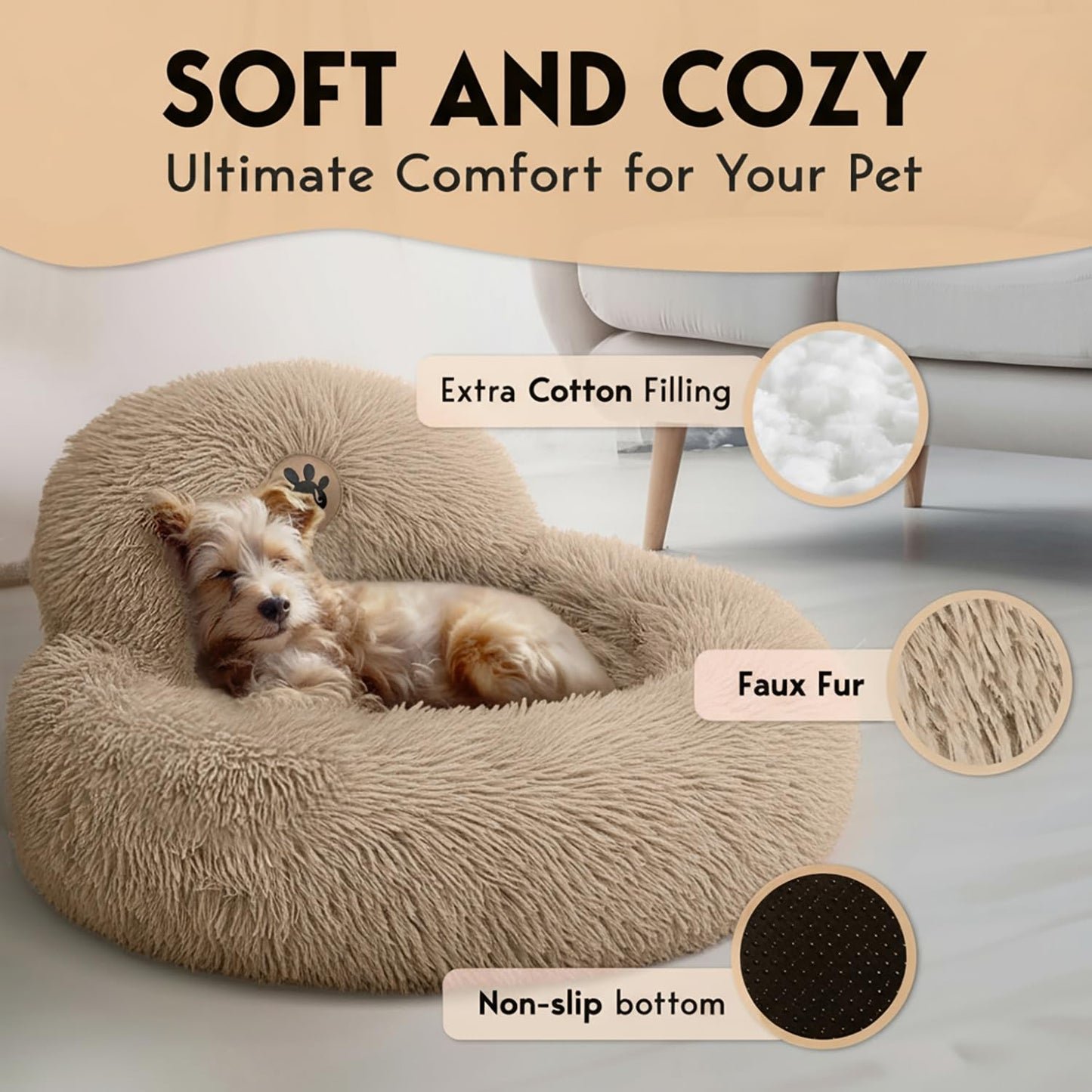 PetJett Calming Medium Dog Bed - 30'' Round Dog Beds - Washable Dog Bed - Anti-Slip Super Soft Fluffy Plush Donut Bed, Anti-Anxiety Premium Comfort Pet Bed, Fits Dogs up to 45 lbs - Beige