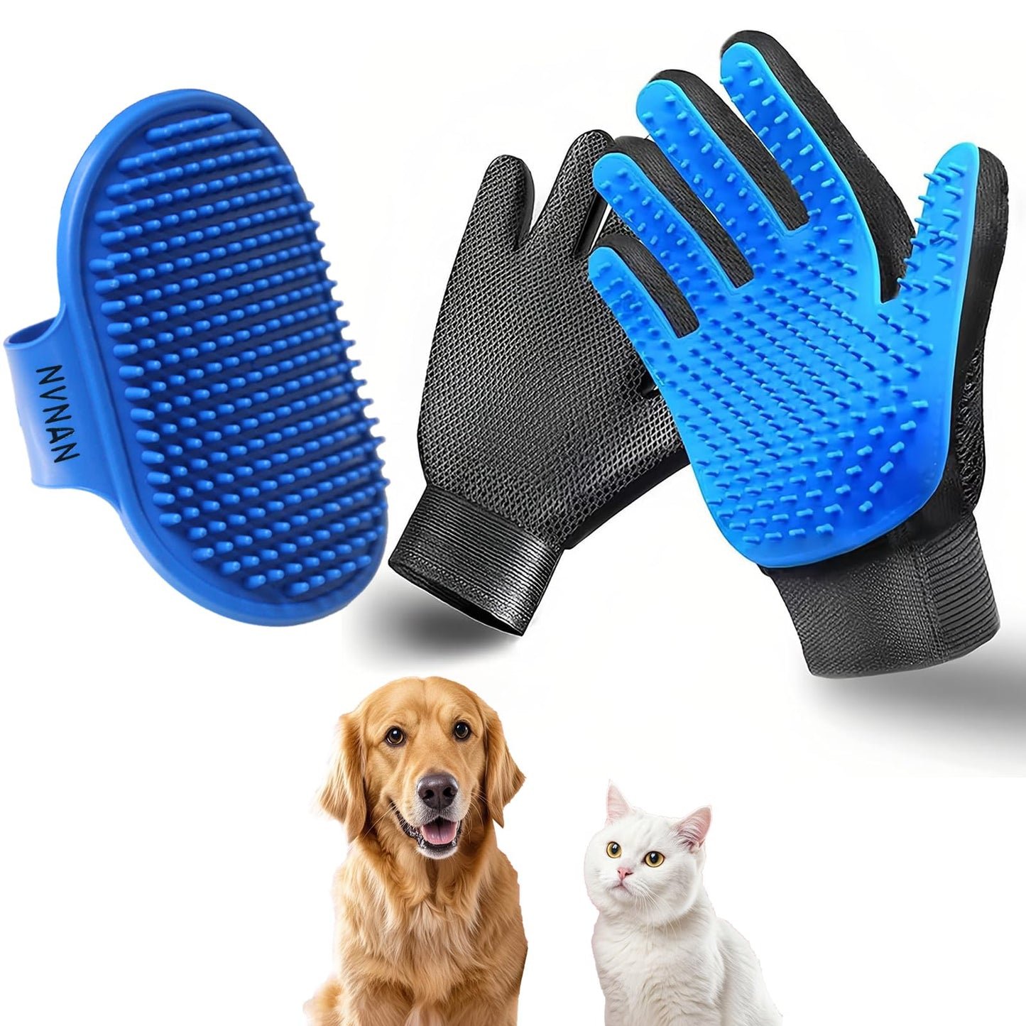 NVNAN Pet Hair Removal Glove for Dogs & Cats, 2-in-1 Deshedding Brush & Massage Mitt - Grooming Gloves for Shedding Control, Bathing and Washing, Safe for Short/Long Hair Pets 2-Pack (Blue)