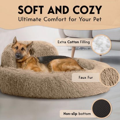 PetJett Calming Medium Dog Bed - 30'' Round Dog Beds - Washable Dog Bed - Anti-Slip Super Soft Fluffy Plush Donut Bed, Anti-Anxiety Premium Comfort Pet Bed, Fits Dogs up to 45 lbs - Beige