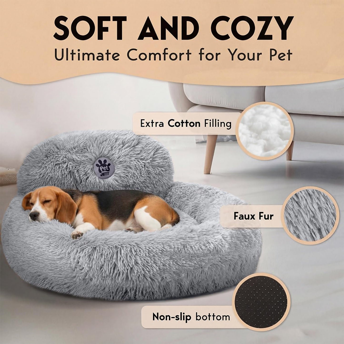 PetJett Calming Medium Dog Bed - 30'' Round Dog Beds - Washable Dog Bed - Anti-Slip Super Soft Fluffy Plush Donut Bed, Anti-Anxiety Premium Comfort Pet Bed, Fits Dogs up to 45 lbs - Beige