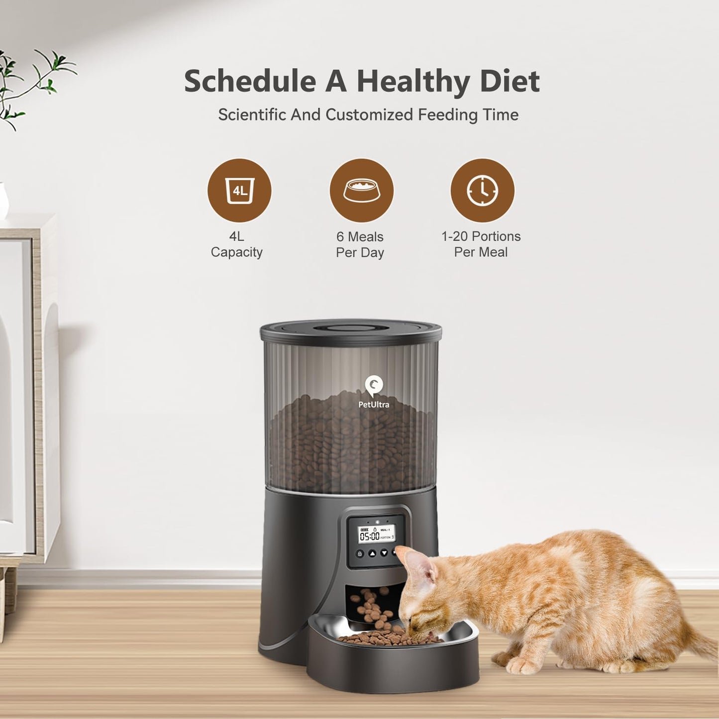 PETULTRA Automatic Cat Feeder: 4L Timed Cats Food Dispenser Programmable 1-6 Meal for Cat and Small Medium Dog- Auto Pet Feeder Easy to Set Up Dual Power Supply with Desiccant Bag| Detachable Washable