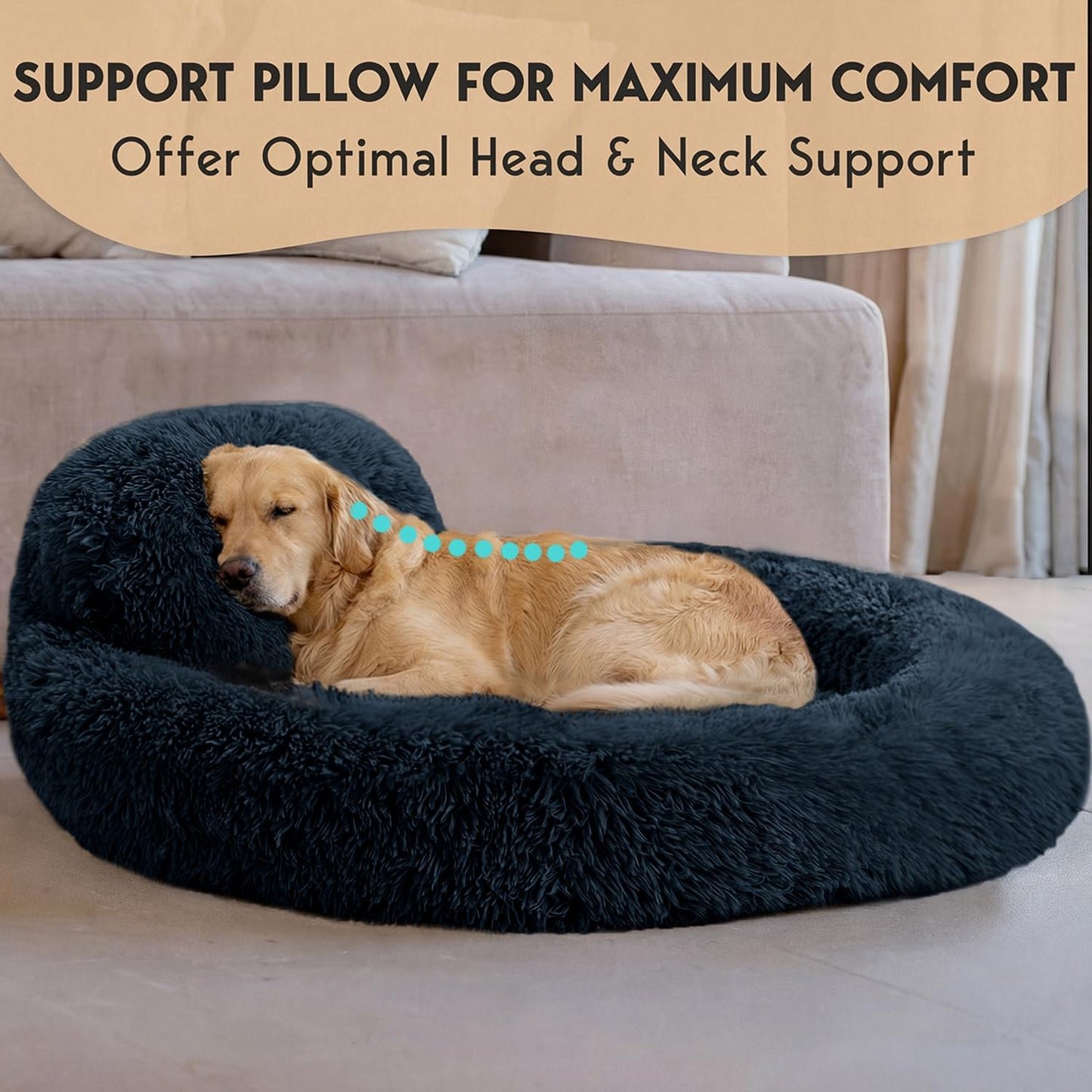 PetJett Calming Medium Dog Bed - 30'' Round Dog Beds - Washable Dog Bed - Anti-Slip Super Soft Fluffy Plush Donut Bed, Anti-Anxiety Premium Comfort Pet Bed, Fits Dogs up to 45 lbs - Beige
