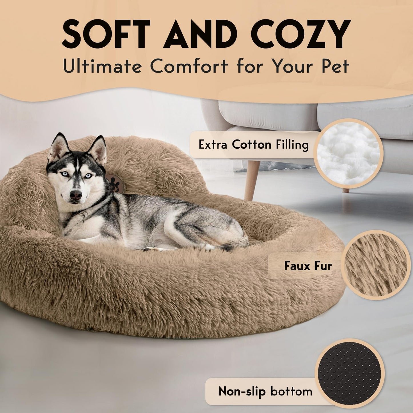 PetJett Calming Medium Dog Bed - 30'' Round Dog Beds - Washable Dog Bed - Anti-Slip Super Soft Fluffy Plush Donut Bed, Anti-Anxiety Premium Comfort Pet Bed, Fits Dogs up to 45 lbs - Beige