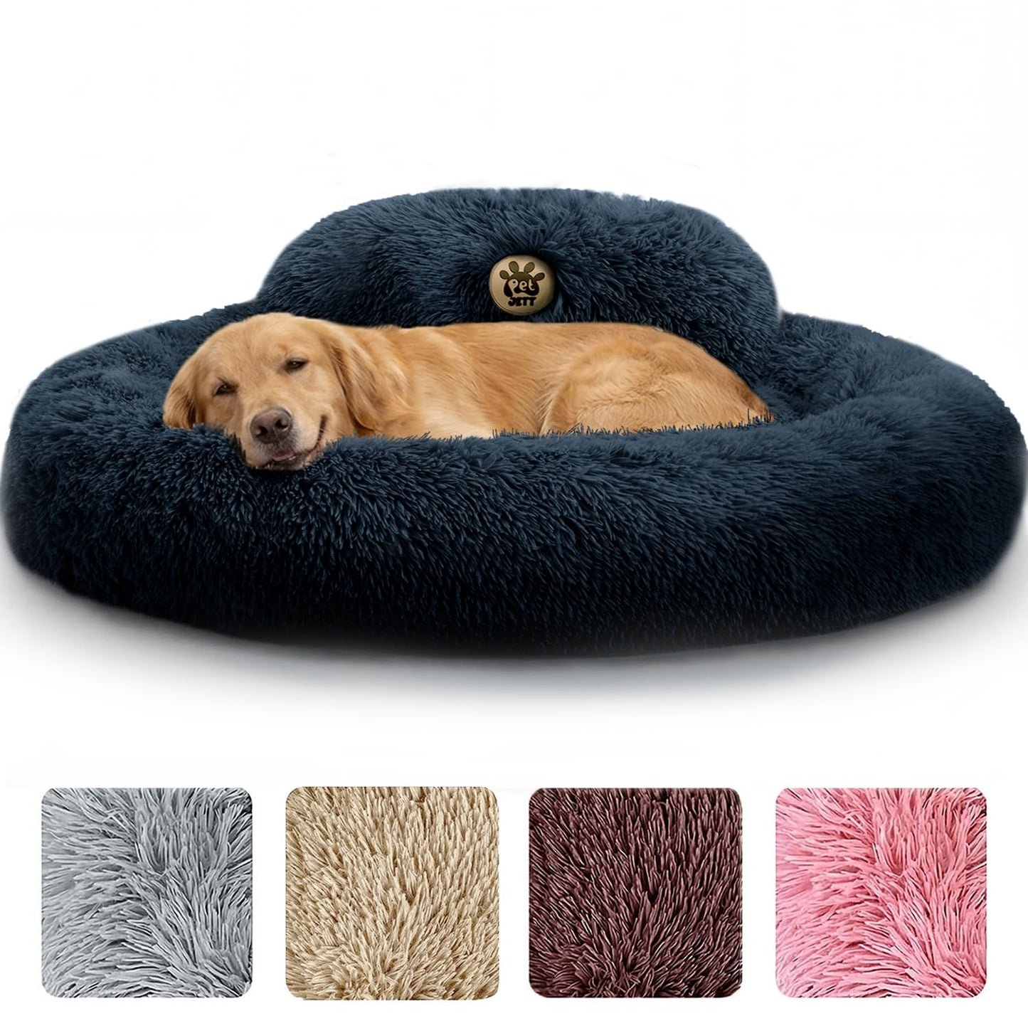PetJett Calming Medium Dog Bed - 30'' Round Dog Beds - Washable Dog Bed - Anti-Slip Super Soft Fluffy Plush Donut Bed, Anti-Anxiety Premium Comfort Pet Bed, Fits Dogs up to 45 lbs - Beige
