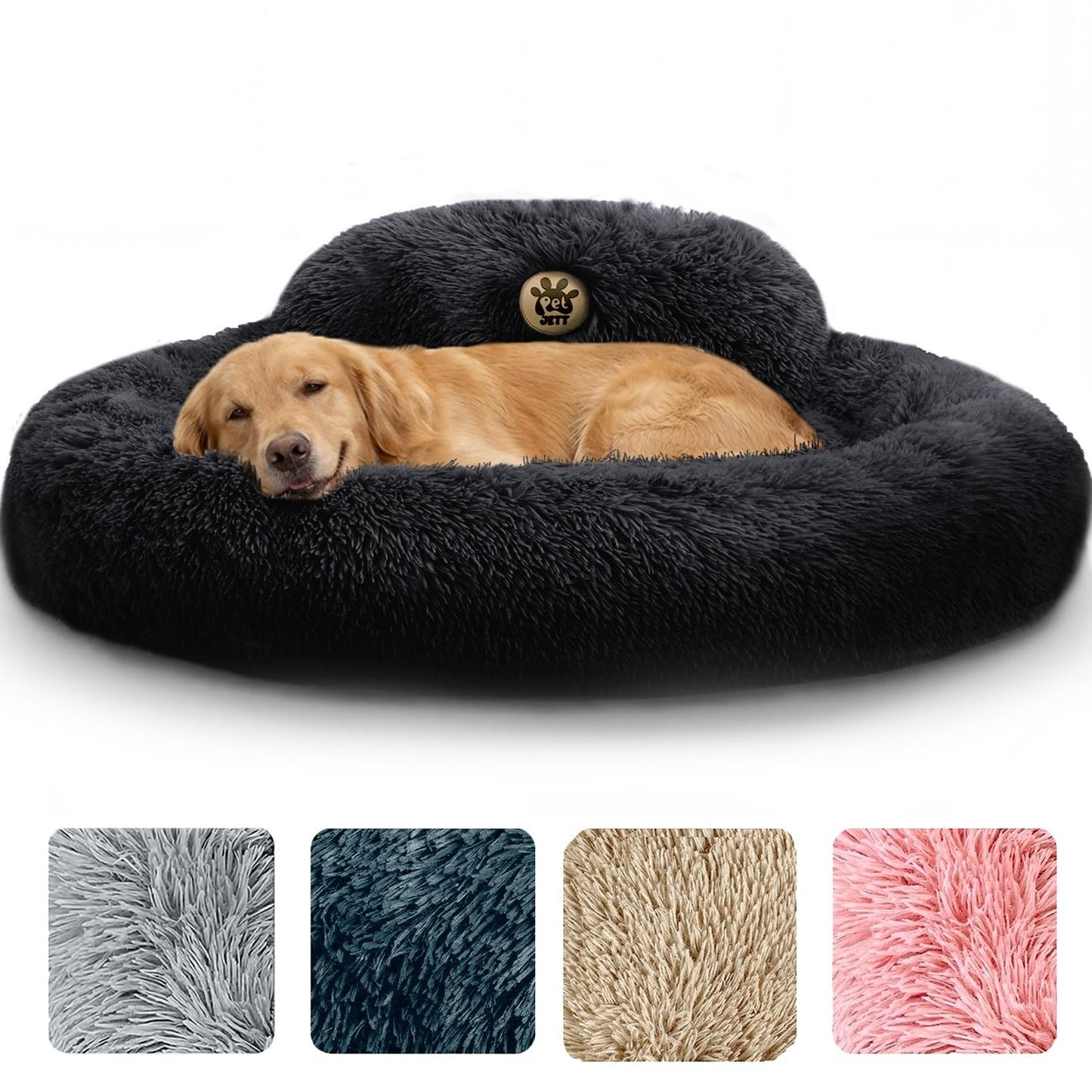 PetJett Calming Medium Dog Bed - 30'' Round Dog Beds - Washable Dog Bed - Anti-Slip Super Soft Fluffy Plush Donut Bed, Anti-Anxiety Premium Comfort Pet Bed, Fits Dogs up to 45 lbs - Beige