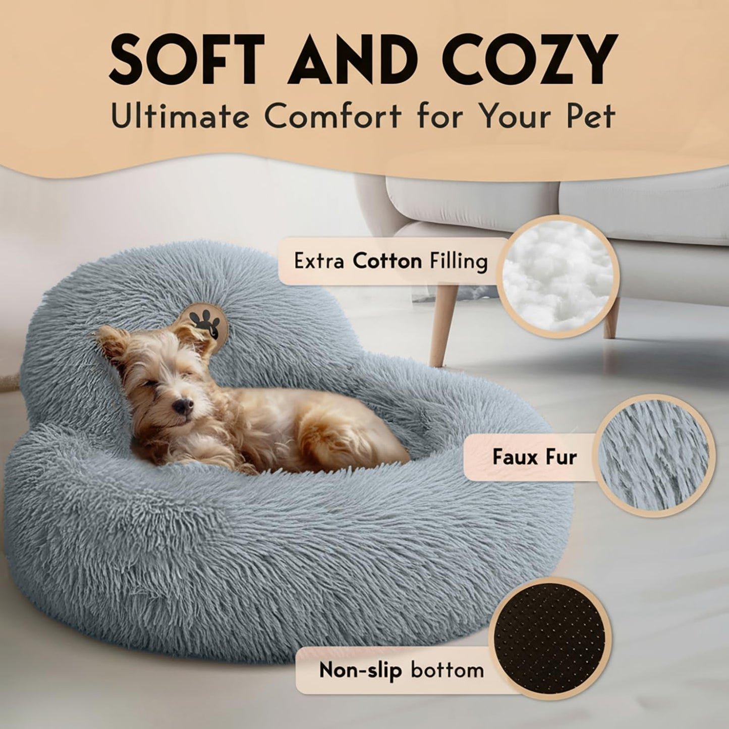 PetJett Calming Medium Dog Bed - 30'' Round Dog Beds - Washable Dog Bed - Anti-Slip Super Soft Fluffy Plush Donut Bed, Anti-Anxiety Premium Comfort Pet Bed, Fits Dogs up to 45 lbs - Beige