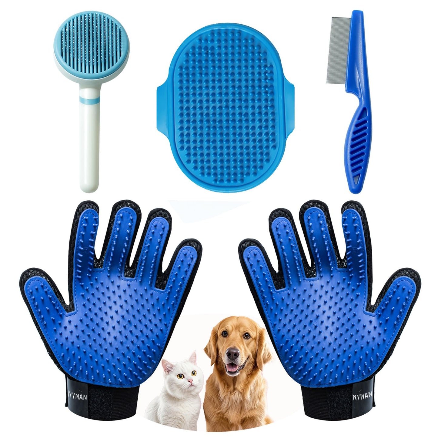 NVNAN Pet Hair Removal Glove for Dogs & Cats, 2-in-1 Deshedding Brush & Massage Mitt - Grooming Gloves for Shedding Control, Bathing and Washing, Safe for Short/Long Hair Pets 2-Pack (Blue)