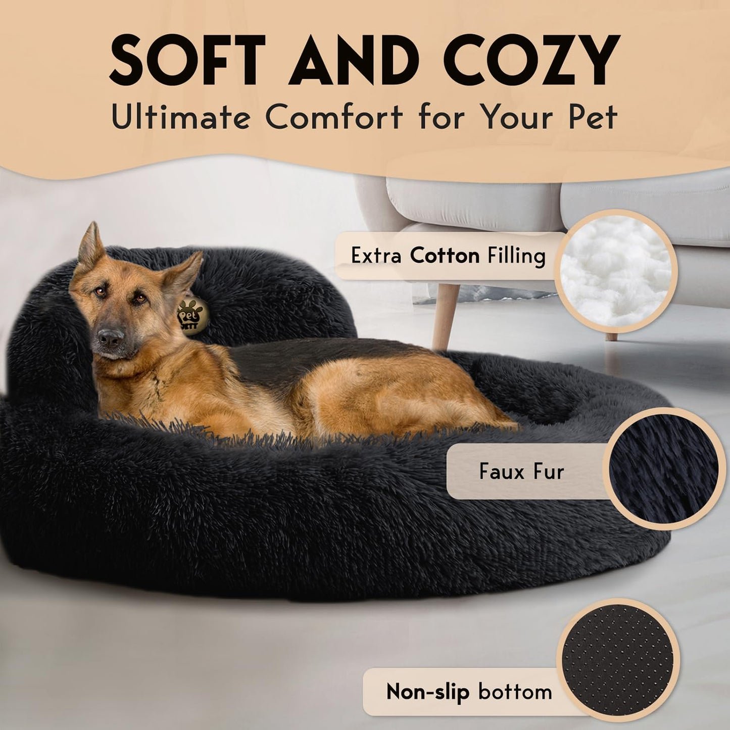 PetJett Calming Medium Dog Bed - 30'' Round Dog Beds - Washable Dog Bed - Anti-Slip Super Soft Fluffy Plush Donut Bed, Anti-Anxiety Premium Comfort Pet Bed, Fits Dogs up to 45 lbs - Beige