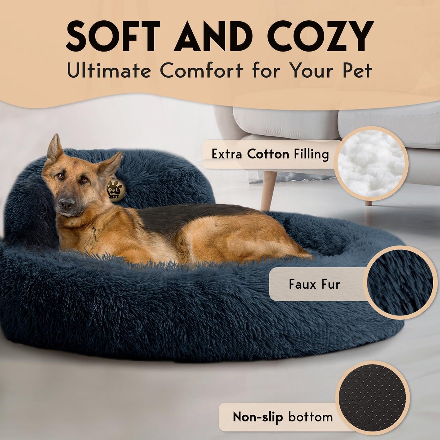 PetJett Calming Medium Dog Bed - 30'' Round Dog Beds - Washable Dog Bed - Anti-Slip Super Soft Fluffy Plush Donut Bed, Anti-Anxiety Premium Comfort Pet Bed, Fits Dogs up to 45 lbs - Beige