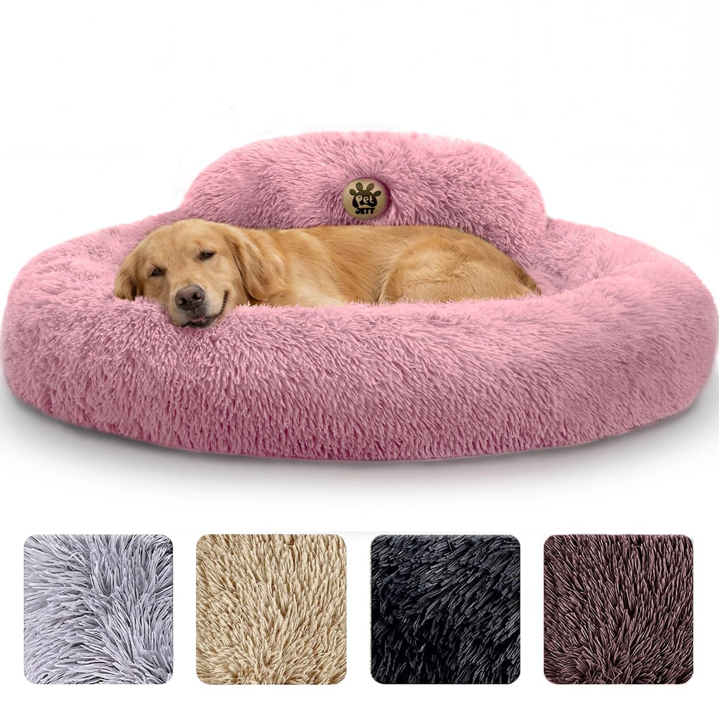 PetJett Calming Medium Dog Bed - 30'' Round Dog Beds - Washable Dog Bed - Anti-Slip Super Soft Fluffy Plush Donut Bed, Anti-Anxiety Premium Comfort Pet Bed, Fits Dogs up to 45 lbs - Beige