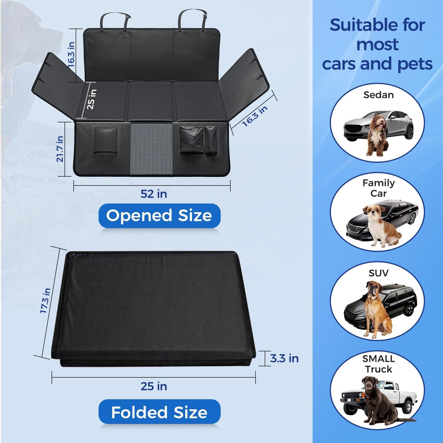 HOB4U Dog Car Seat Cover for Back Seat, Hard Bottom Back Seat Extender for Dogs, Dog Hammock for Car SUV and Trucks - Waterproof, Anti Scratch，Easy to Clean, Supports 400lbs