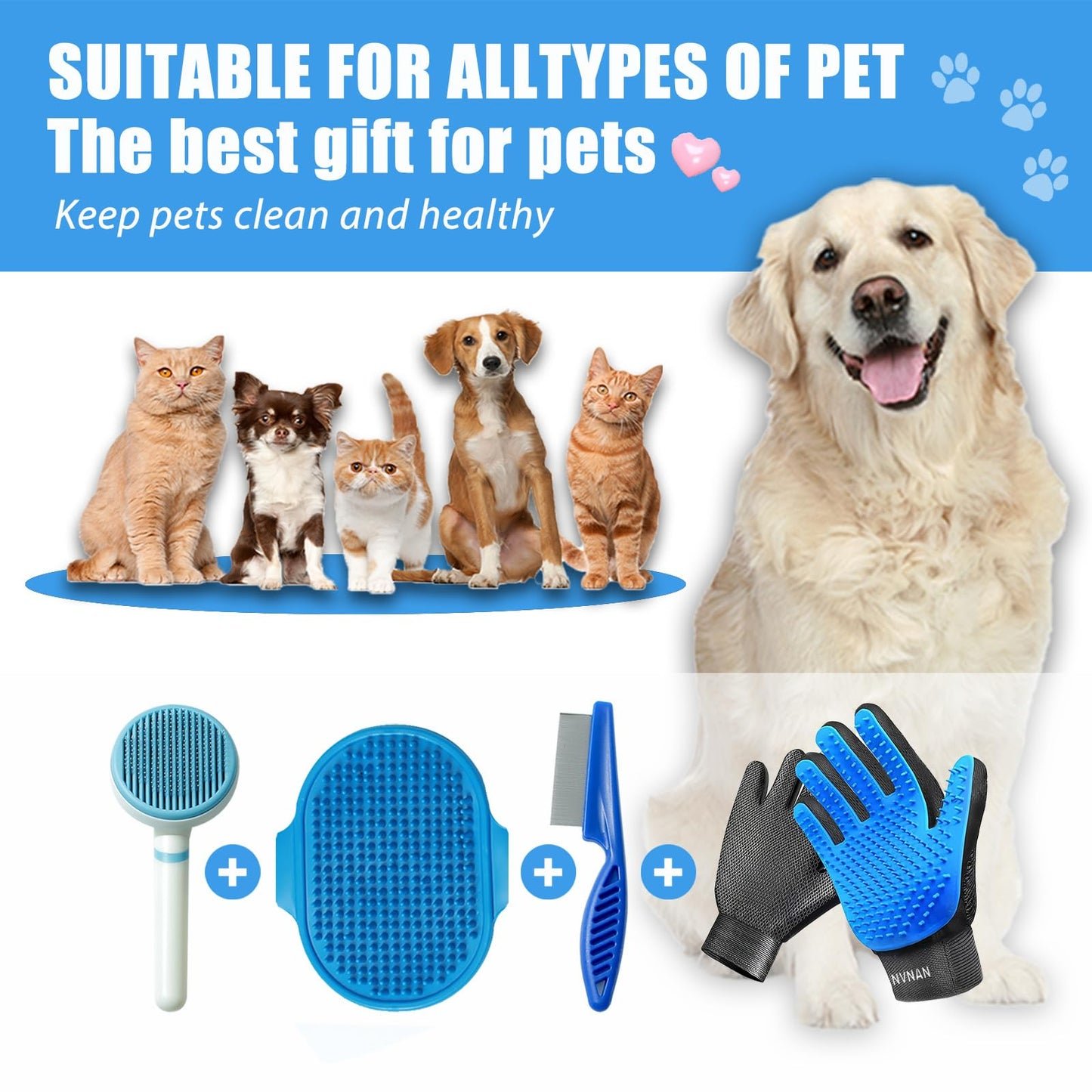 NVNAN Pet Hair Removal Glove for Dogs & Cats, 2-in-1 Deshedding Brush & Massage Mitt - Grooming Gloves for Shedding Control, Bathing and Washing, Safe for Short/Long Hair Pets 2-Pack (Blue)