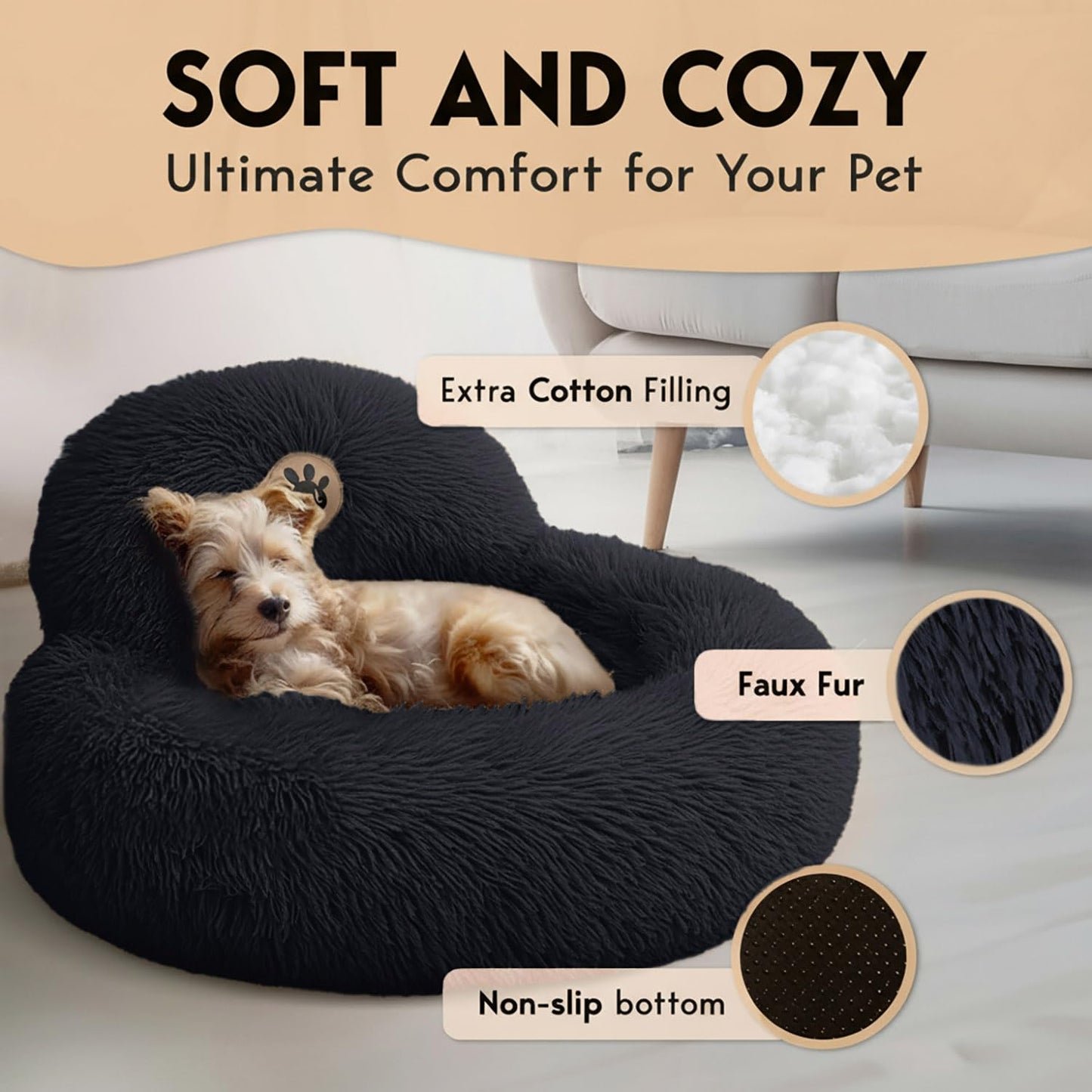 PetJett Calming Medium Dog Bed - 30'' Round Dog Beds - Washable Dog Bed - Anti-Slip Super Soft Fluffy Plush Donut Bed, Anti-Anxiety Premium Comfort Pet Bed, Fits Dogs up to 45 lbs - Beige