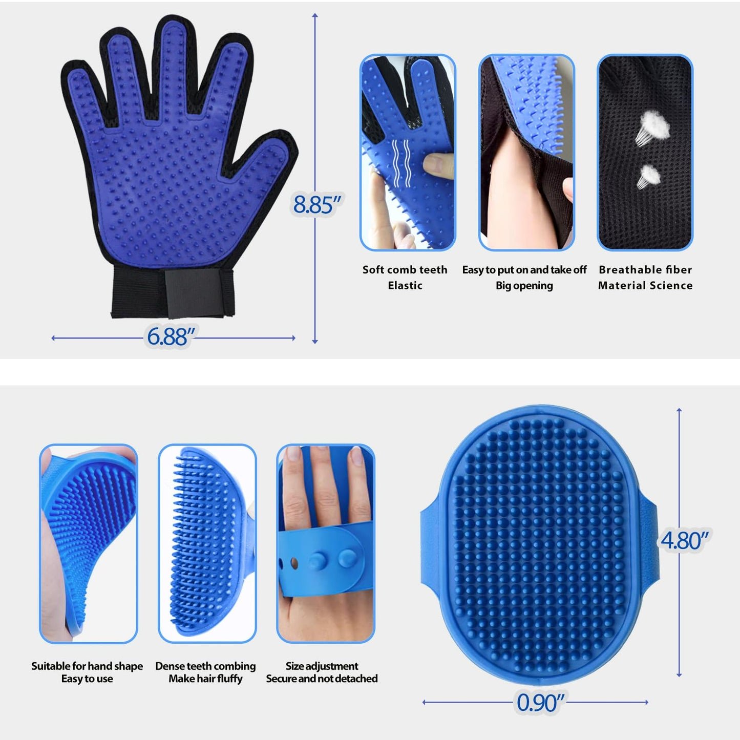 NVNAN Pet Hair Removal Glove for Dogs & Cats, 2-in-1 Deshedding Brush & Massage Mitt - Grooming Gloves for Shedding Control, Bathing and Washing, Safe for Short/Long Hair Pets 2-Pack (Blue)
