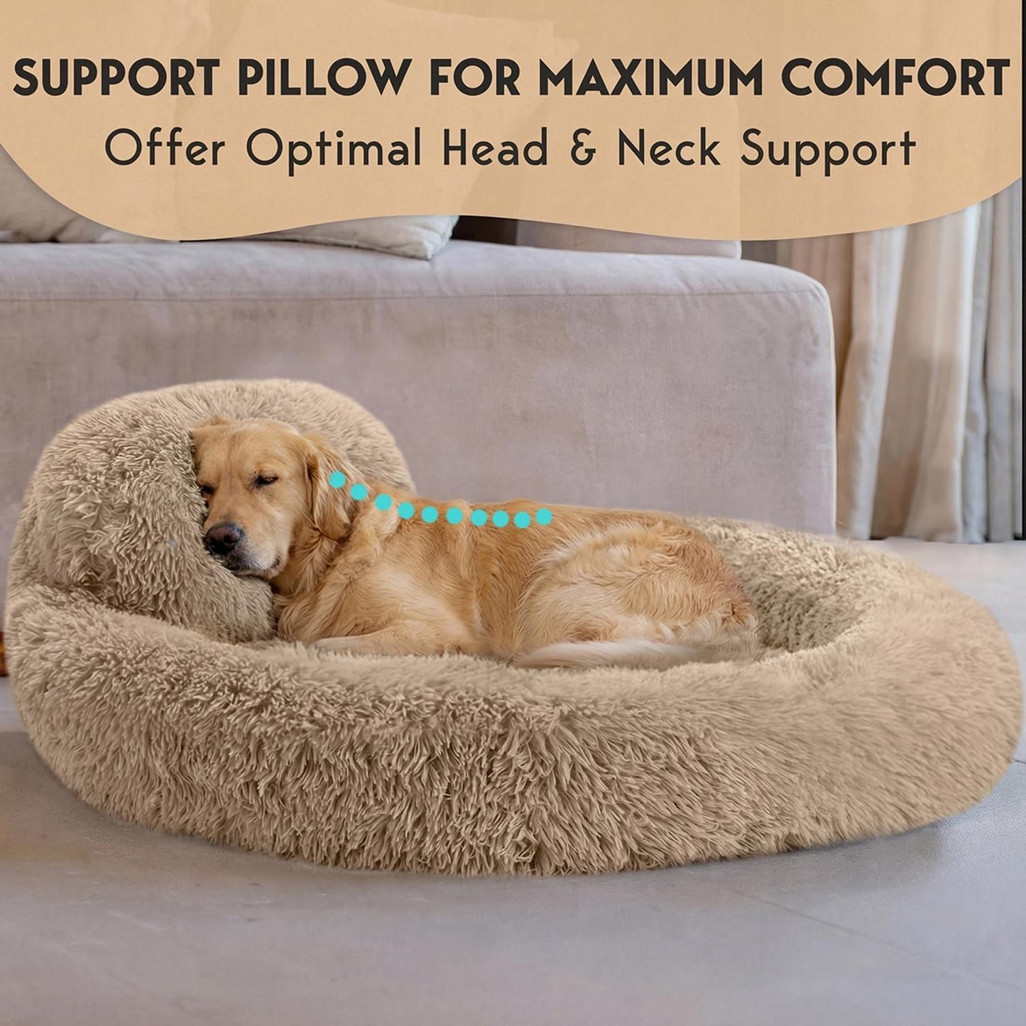 PetJett Calming Medium Dog Bed - 30'' Round Dog Beds - Washable Dog Bed - Anti-Slip Super Soft Fluffy Plush Donut Bed, Anti-Anxiety Premium Comfort Pet Bed, Fits Dogs up to 45 lbs - Beige