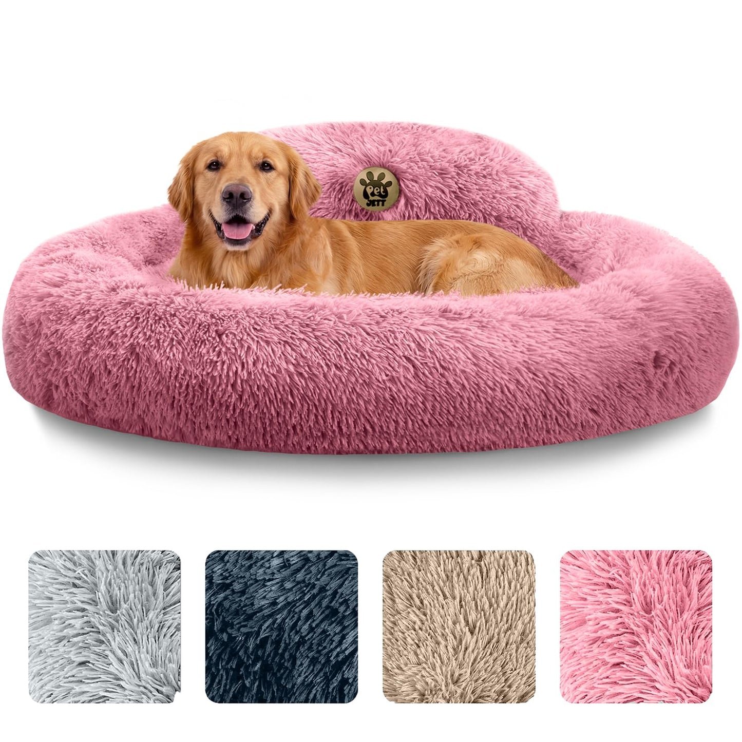 PetJett Calming Medium Dog Bed - 30'' Round Dog Beds - Washable Dog Bed - Anti-Slip Super Soft Fluffy Plush Donut Bed, Anti-Anxiety Premium Comfort Pet Bed, Fits Dogs up to 45 lbs - Beige