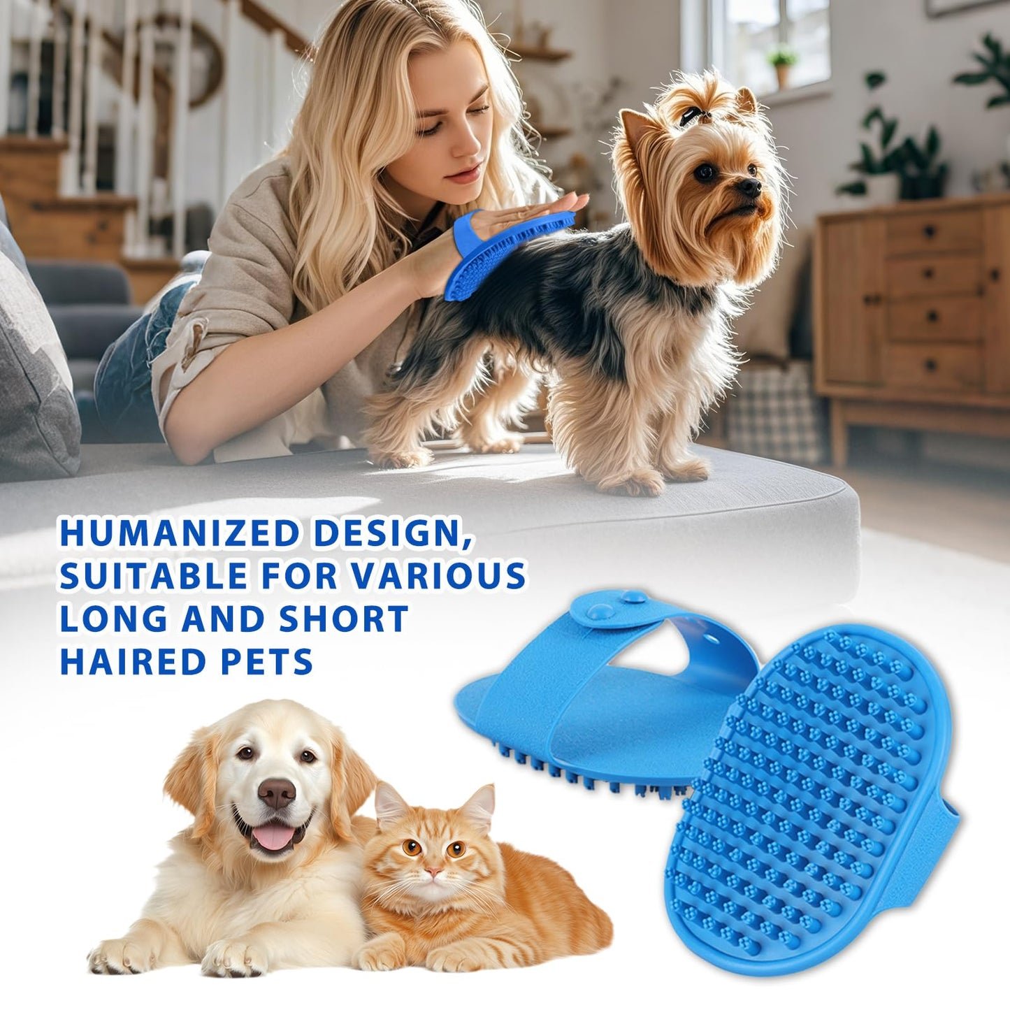 NVNAN Pet Hair Removal Glove for Dogs & Cats, 2-in-1 Deshedding Brush & Massage Mitt - Grooming Gloves for Shedding Control, Bathing and Washing, Safe for Short/Long Hair Pets 2-Pack (Blue)