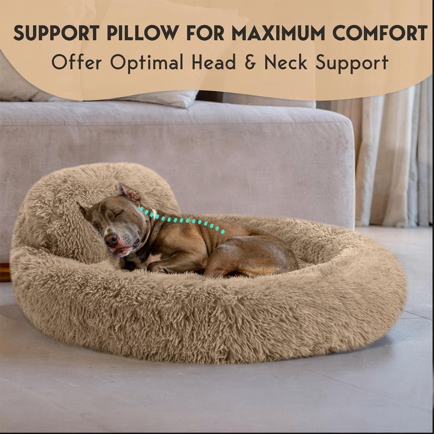 PetJett Calming Medium Dog Bed - 30'' Round Dog Beds - Washable Dog Bed - Anti-Slip Super Soft Fluffy Plush Donut Bed, Anti-Anxiety Premium Comfort Pet Bed, Fits Dogs up to 45 lbs - Beige