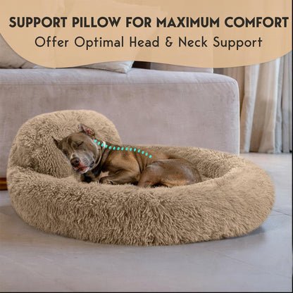 PetJett Calming Medium Dog Bed - 30'' Round Dog Beds - Washable Dog Bed - Anti-Slip Super Soft Fluffy Plush Donut Bed, Anti-Anxiety Premium Comfort Pet Bed, Fits Dogs up to 45 lbs - Beige