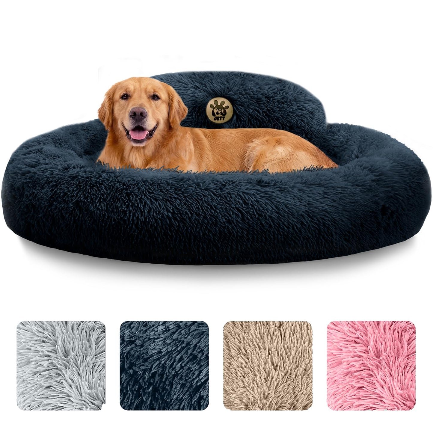 PetJett Calming Medium Dog Bed - 30'' Round Dog Beds - Washable Dog Bed - Anti-Slip Super Soft Fluffy Plush Donut Bed, Anti-Anxiety Premium Comfort Pet Bed, Fits Dogs up to 45 lbs - Beige