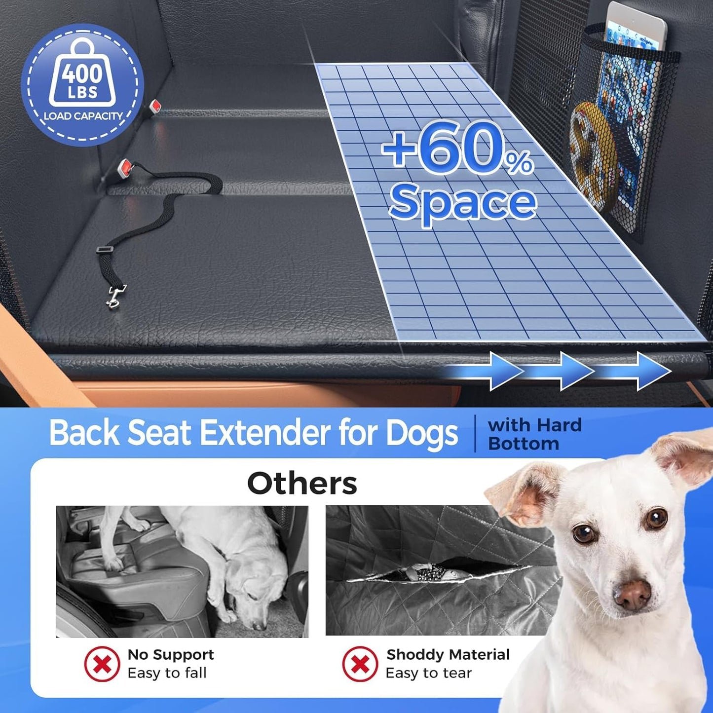 HOB4U Dog Car Seat Cover for Back Seat, Hard Bottom Back Seat Extender for Dogs, Dog Hammock for Car SUV and Trucks - Waterproof, Anti Scratch，Easy to Clean, Supports 400lbs