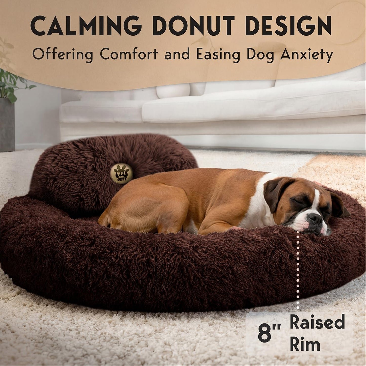PetJett Calming Medium Dog Bed - 30'' Round Dog Beds - Washable Dog Bed - Anti-Slip Super Soft Fluffy Plush Donut Bed, Anti-Anxiety Premium Comfort Pet Bed, Fits Dogs up to 45 lbs - Beige