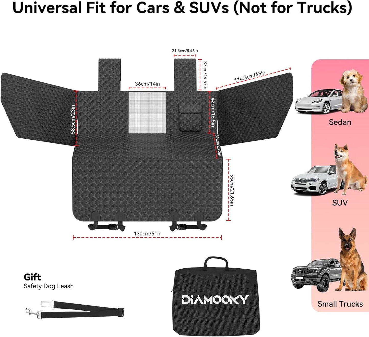 DIAMOOKY Dog Car Seat Cover for Back Seat, Waterproof Back Seat Extender for Dogs w/Door & Headrest Protector, Hard Bottom Pet Bed Hammock Holds 420lbs, for Cars SUVs Small Trucks(Not for 3-row seats)