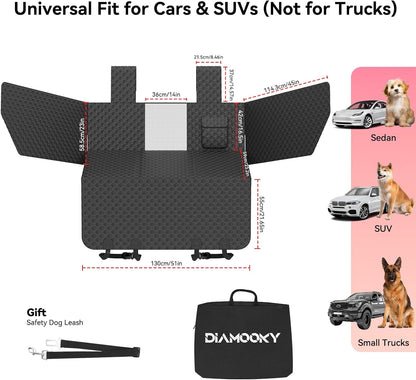 DIAMOOKY Dog Car Seat Cover for Back Seat, Waterproof Back Seat Extender for Dogs w/Door & Headrest Protector, Hard Bottom Pet Bed Hammock Holds 420lbs, for Cars SUVs Small Trucks(Not for 3-row seats)