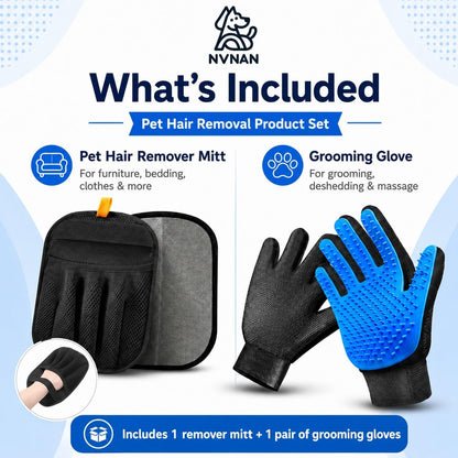 NVNAN Pet Hair Removal Glove for Dogs & Cats, 2-in-1 Deshedding Brush & Massage Mitt - Grooming Gloves for Shedding Control, Bathing and Washing, Safe for Short/Long Hair Pets 2-Pack (Blue)