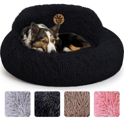 PetJett Calming Medium Dog Bed - 30'' Round Dog Beds - Washable Dog Bed - Anti-Slip Super Soft Fluffy Plush Donut Bed, Anti-Anxiety Premium Comfort Pet Bed, Fits Dogs up to 45 lbs - Beige