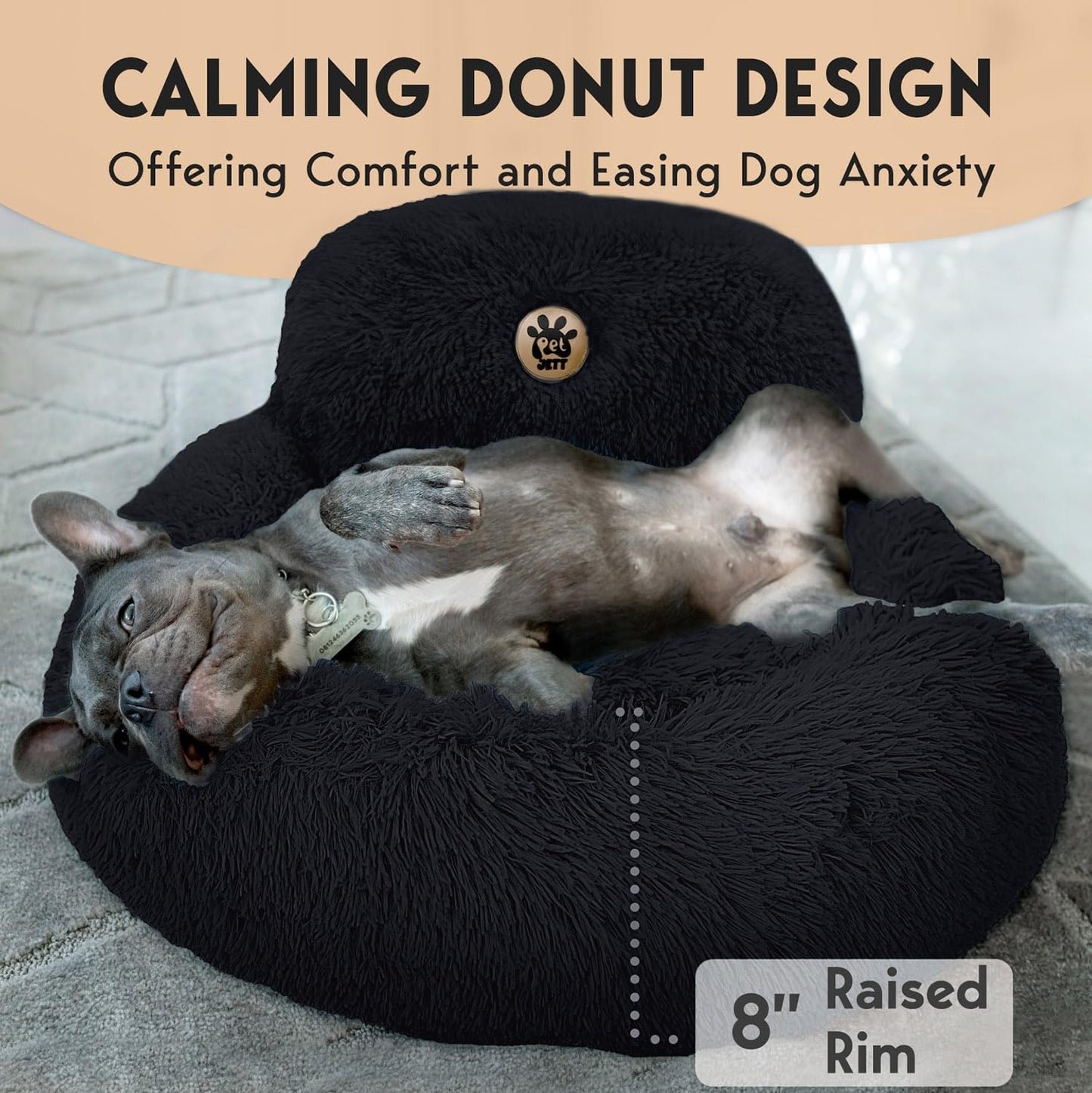PetJett Calming Medium Dog Bed - 30'' Round Dog Beds - Washable Dog Bed - Anti-Slip Super Soft Fluffy Plush Donut Bed, Anti-Anxiety Premium Comfort Pet Bed, Fits Dogs up to 45 lbs - Beige