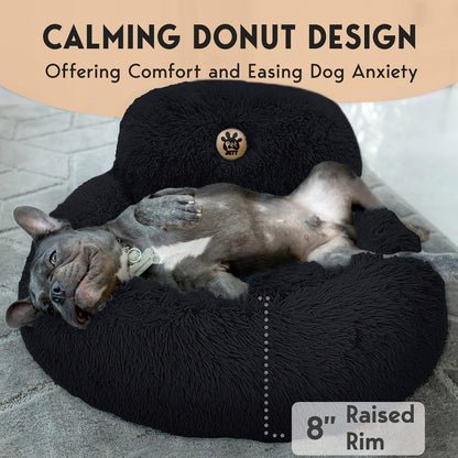 PetJett Calming Medium Dog Bed - 30'' Round Dog Beds - Washable Dog Bed - Anti-Slip Super Soft Fluffy Plush Donut Bed, Anti-Anxiety Premium Comfort Pet Bed, Fits Dogs up to 45 lbs - Beige