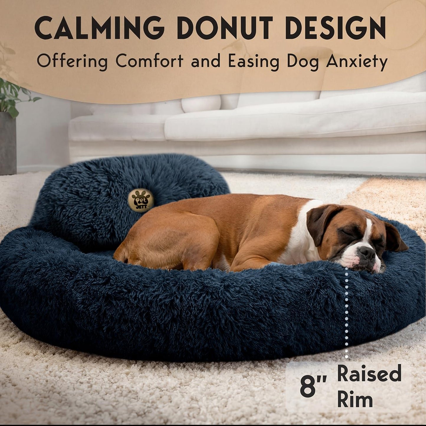 PetJett Calming Medium Dog Bed - 30'' Round Dog Beds - Washable Dog Bed - Anti-Slip Super Soft Fluffy Plush Donut Bed, Anti-Anxiety Premium Comfort Pet Bed, Fits Dogs up to 45 lbs - Beige