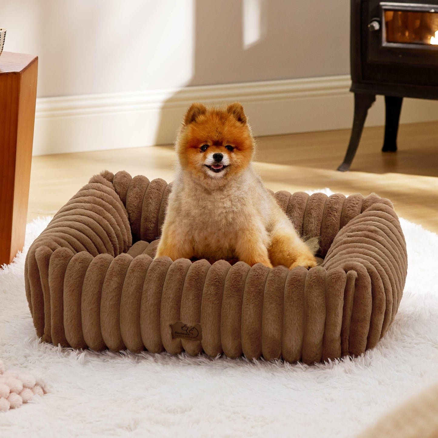 Bedsure ComfyFleece™ Cute Dog Bed for Small Medium Dogs - Washable Furry Puppy Beds, Rectangle Orthopedic Corduroy Fleece Pet Beds with Removable Zipper Cover, 25x21x7inches, Cream