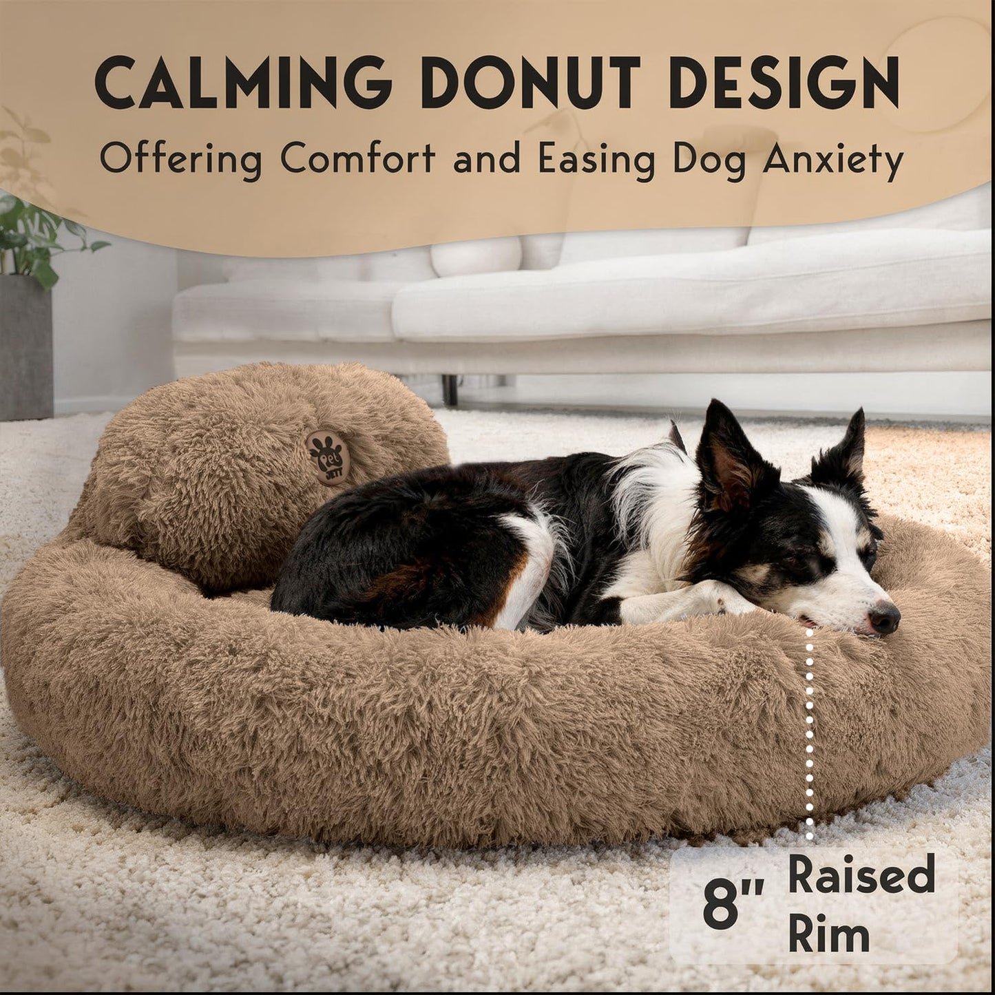 PetJett Calming Medium Dog Bed - 30'' Round Dog Beds - Washable Dog Bed - Anti-Slip Super Soft Fluffy Plush Donut Bed, Anti-Anxiety Premium Comfort Pet Bed, Fits Dogs up to 45 lbs - Beige