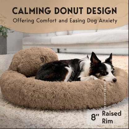 PetJett Calming Medium Dog Bed - 30'' Round Dog Beds - Washable Dog Bed - Anti-Slip Super Soft Fluffy Plush Donut Bed, Anti-Anxiety Premium Comfort Pet Bed, Fits Dogs up to 45 lbs - Beige