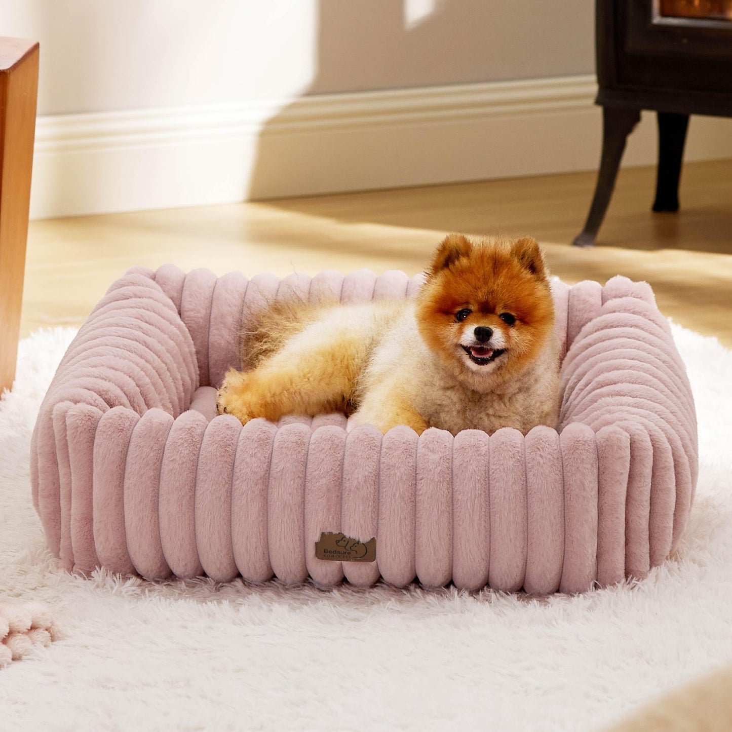 Bedsure ComfyFleece™ Cute Dog Bed for Small Medium Dogs - Washable Furry Puppy Beds, Rectangle Orthopedic Corduroy Fleece Pet Beds with Removable Zipper Cover, 25x21x7inches, Cream
