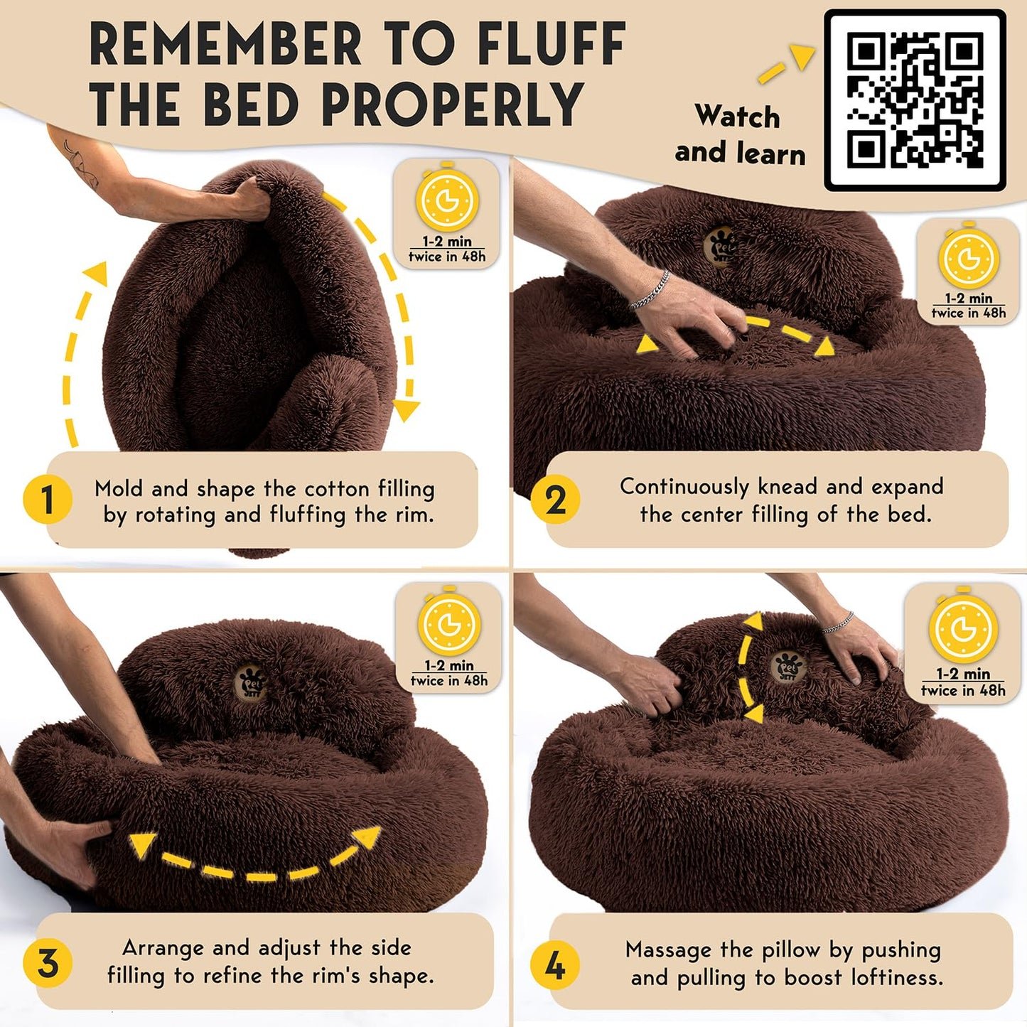 PetJett Calming Medium Dog Bed - 30'' Round Dog Beds - Washable Dog Bed - Anti-Slip Super Soft Fluffy Plush Donut Bed, Anti-Anxiety Premium Comfort Pet Bed, Fits Dogs up to 45 lbs - Beige