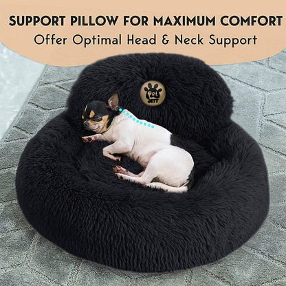 PetJett Calming Medium Dog Bed - 30'' Round Dog Beds - Washable Dog Bed - Anti-Slip Super Soft Fluffy Plush Donut Bed, Anti-Anxiety Premium Comfort Pet Bed, Fits Dogs up to 45 lbs - Beige