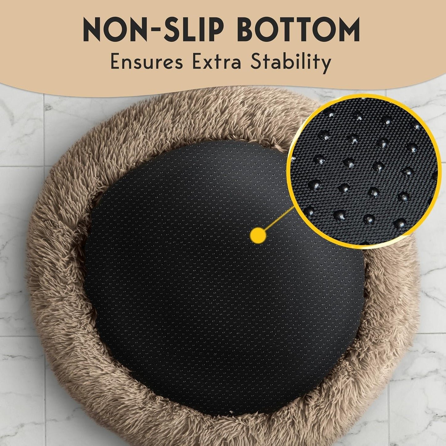 PetJett Calming Medium Dog Bed - 30'' Round Dog Beds - Washable Dog Bed - Anti-Slip Super Soft Fluffy Plush Donut Bed, Anti-Anxiety Premium Comfort Pet Bed, Fits Dogs up to 45 lbs - Beige
