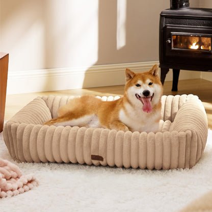 Bedsure ComfyFleece™ Cute Dog Bed for Small Medium Dogs - Washable Furry Puppy Beds, Rectangle Orthopedic Corduroy Fleece Pet Beds with Removable Zipper Cover, 25x21x7inches, Cream