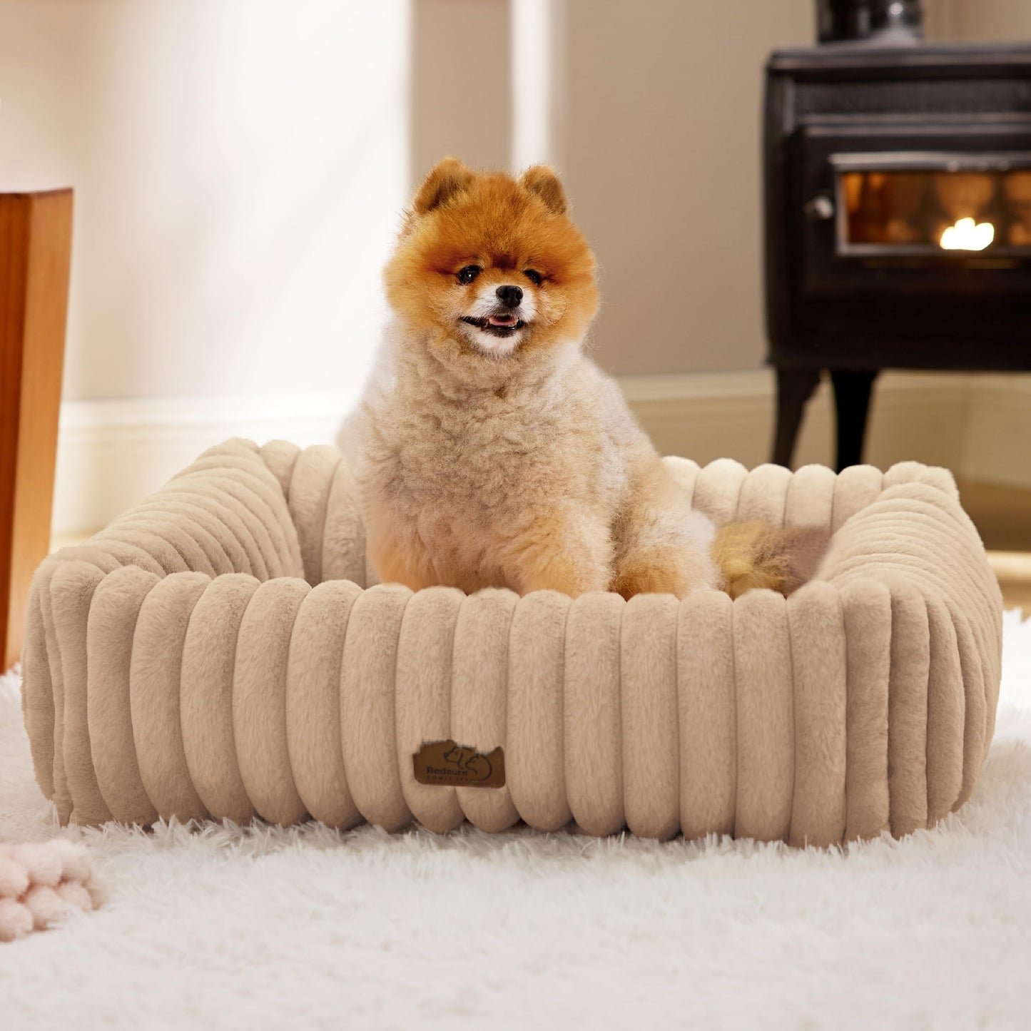 Bedsure ComfyFleece™ Cute Dog Bed for Small Medium Dogs - Washable Furry Puppy Beds, Rectangle Orthopedic Corduroy Fleece Pet Beds with Removable Zipper Cover, 25x21x7inches, Cream