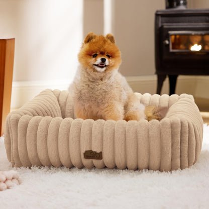 Bedsure ComfyFleece™ Cute Dog Bed for Small Medium Dogs - Washable Furry Puppy Beds, Rectangle Orthopedic Corduroy Fleece Pet Beds with Removable Zipper Cover, 25x21x7inches, Cream
