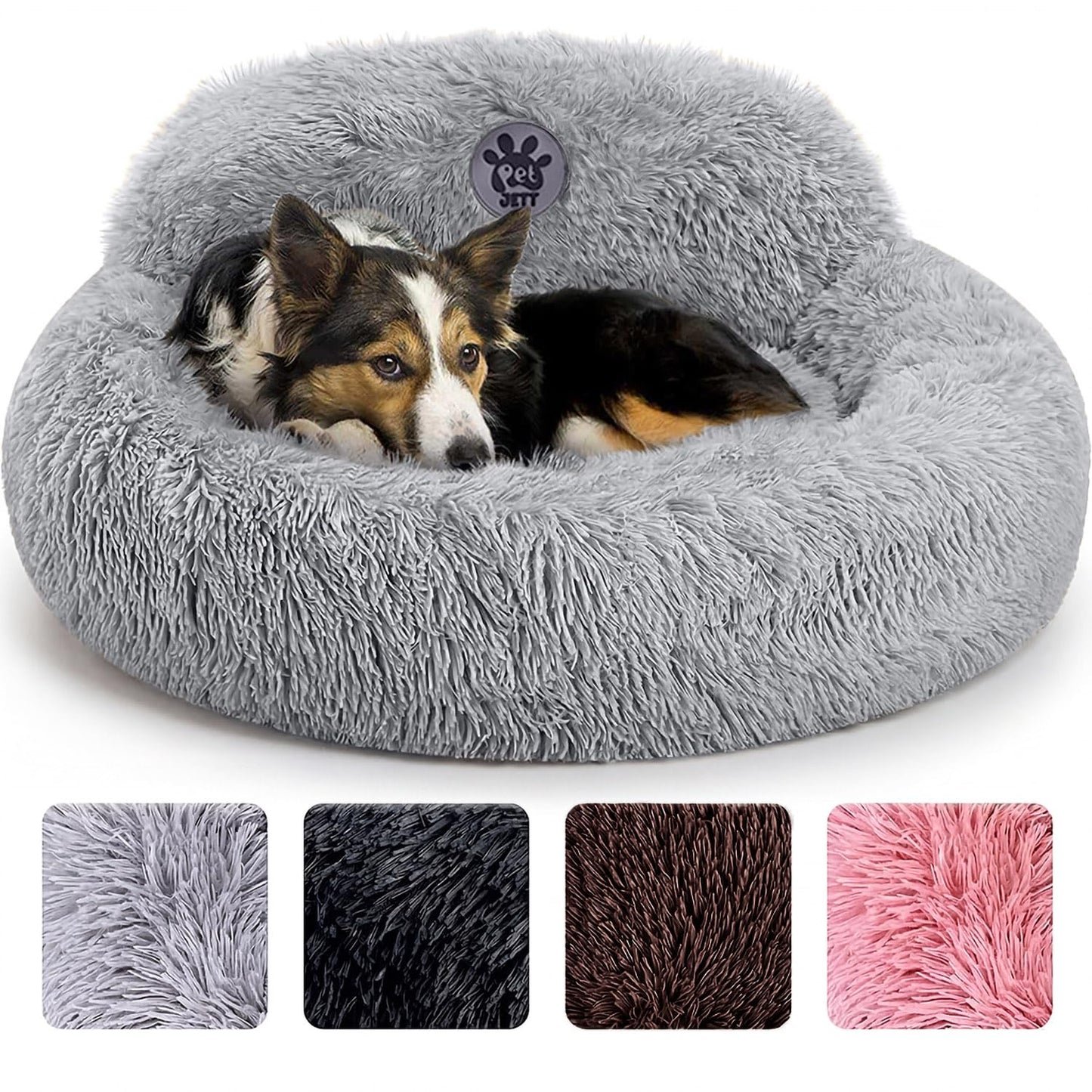 PetJett Calming Medium Dog Bed - 30'' Round Dog Beds - Washable Dog Bed - Anti-Slip Super Soft Fluffy Plush Donut Bed, Anti-Anxiety Premium Comfort Pet Bed, Fits Dogs up to 45 lbs - Beige