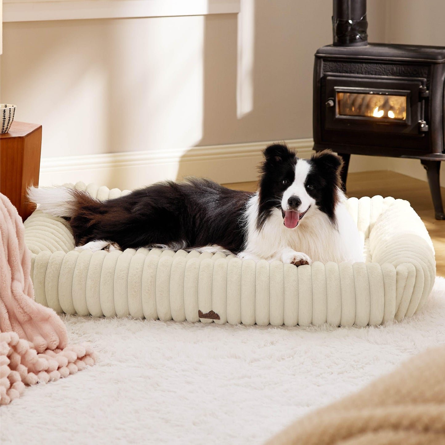 Bedsure ComfyFleece™ Cute Dog Bed for Small Medium Dogs - Washable Furry Puppy Beds, Rectangle Orthopedic Corduroy Fleece Pet Beds with Removable Zipper Cover, 25x21x7inches, Cream