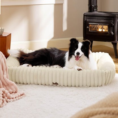Bedsure ComfyFleece™ Cute Dog Bed for Small Medium Dogs - Washable Furry Puppy Beds, Rectangle Orthopedic Corduroy Fleece Pet Beds with Removable Zipper Cover, 25x21x7inches, Cream