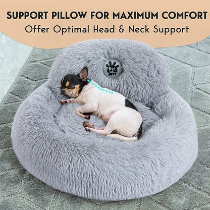 PetJett Calming Medium Dog Bed - 30'' Round Dog Beds - Washable Dog Bed - Anti-Slip Super Soft Fluffy Plush Donut Bed, Anti-Anxiety Premium Comfort Pet Bed, Fits Dogs up to 45 lbs - Beige