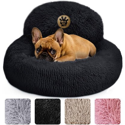 PetJett Calming Medium Dog Bed - 30'' Round Dog Beds - Washable Dog Bed - Anti-Slip Super Soft Fluffy Plush Donut Bed, Anti-Anxiety Premium Comfort Pet Bed, Fits Dogs up to 45 lbs - Beige