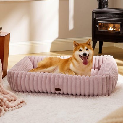 Bedsure ComfyFleece™ Cute Dog Bed for Small Medium Dogs - Washable Furry Puppy Beds, Rectangle Orthopedic Corduroy Fleece Pet Beds with Removable Zipper Cover, 25x21x7inches, Cream