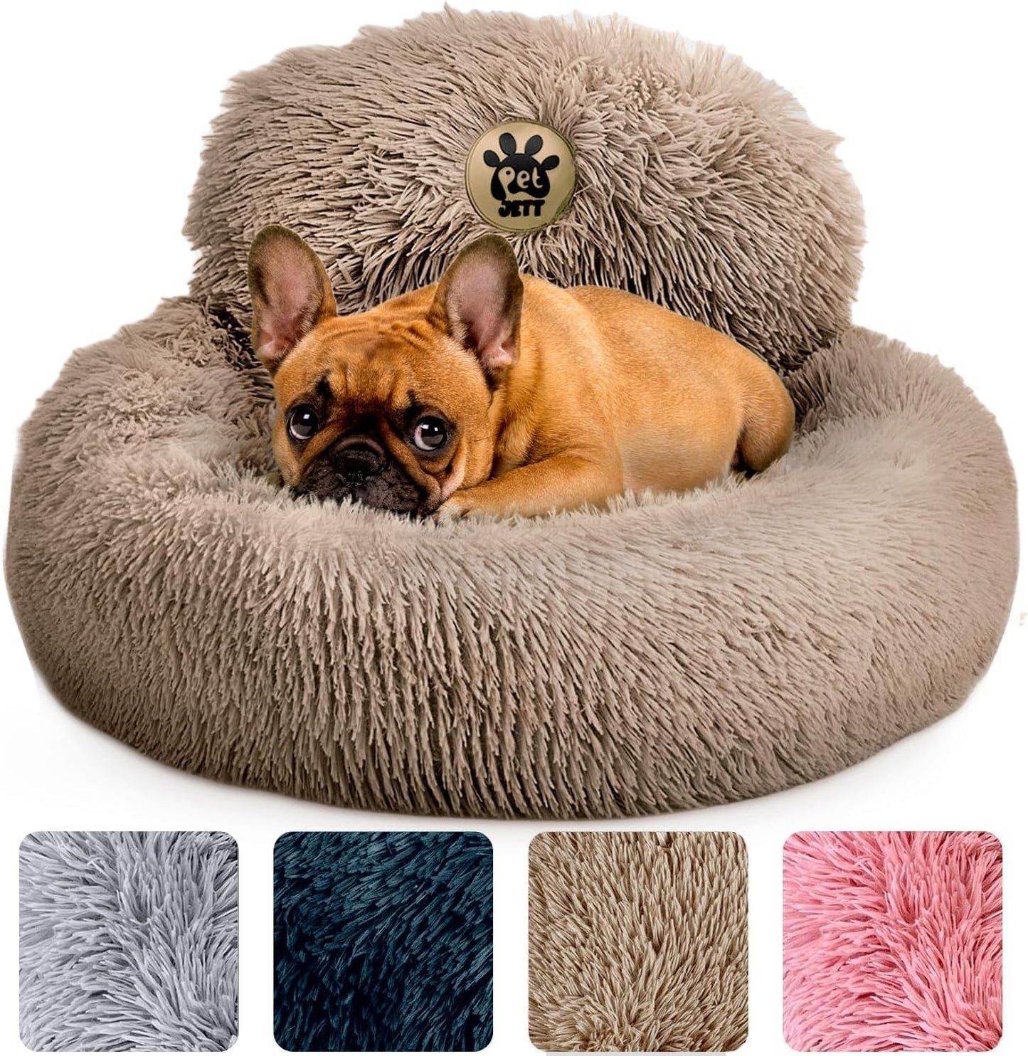 PetJett Calming Medium Dog Bed - 30'' Round Dog Beds - Washable Dog Bed - Anti-Slip Super Soft Fluffy Plush Donut Bed, Anti-Anxiety Premium Comfort Pet Bed, Fits Dogs up to 45 lbs - Beige